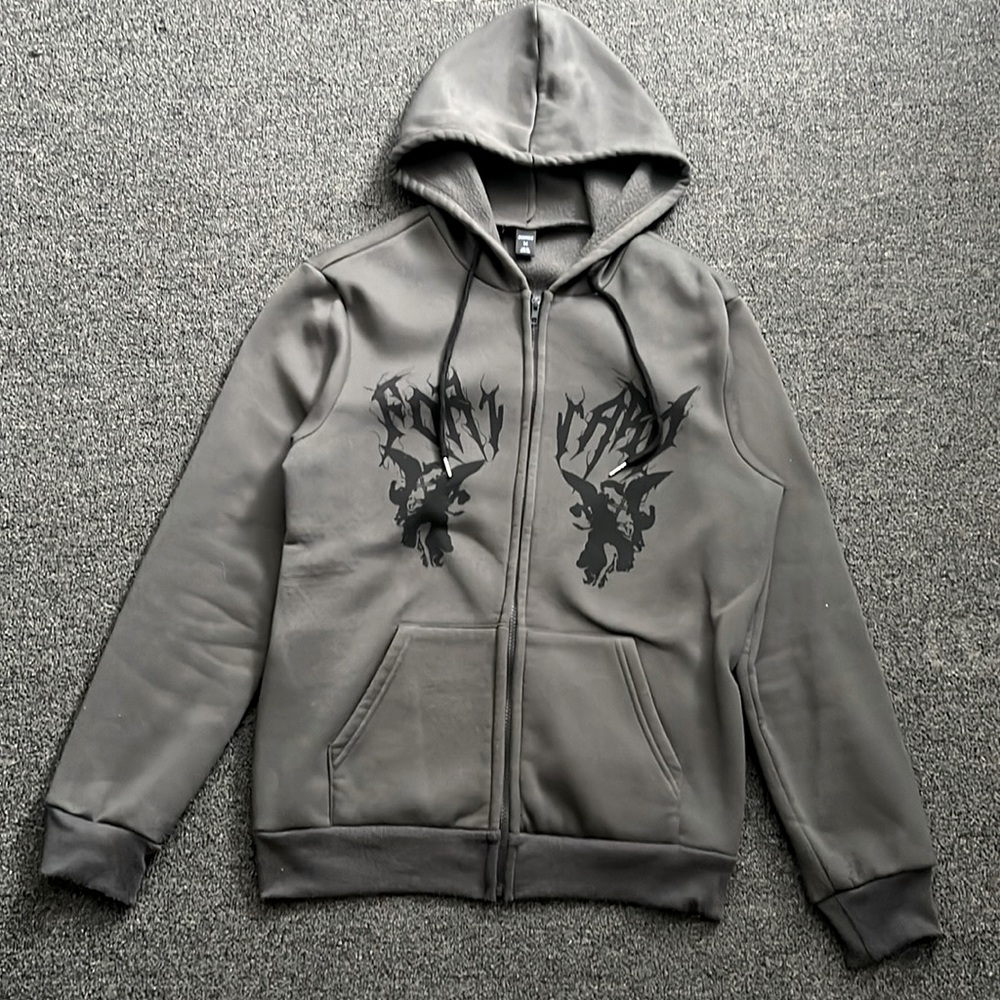 ROMWE Men Angel Print Zip Up Hoodie